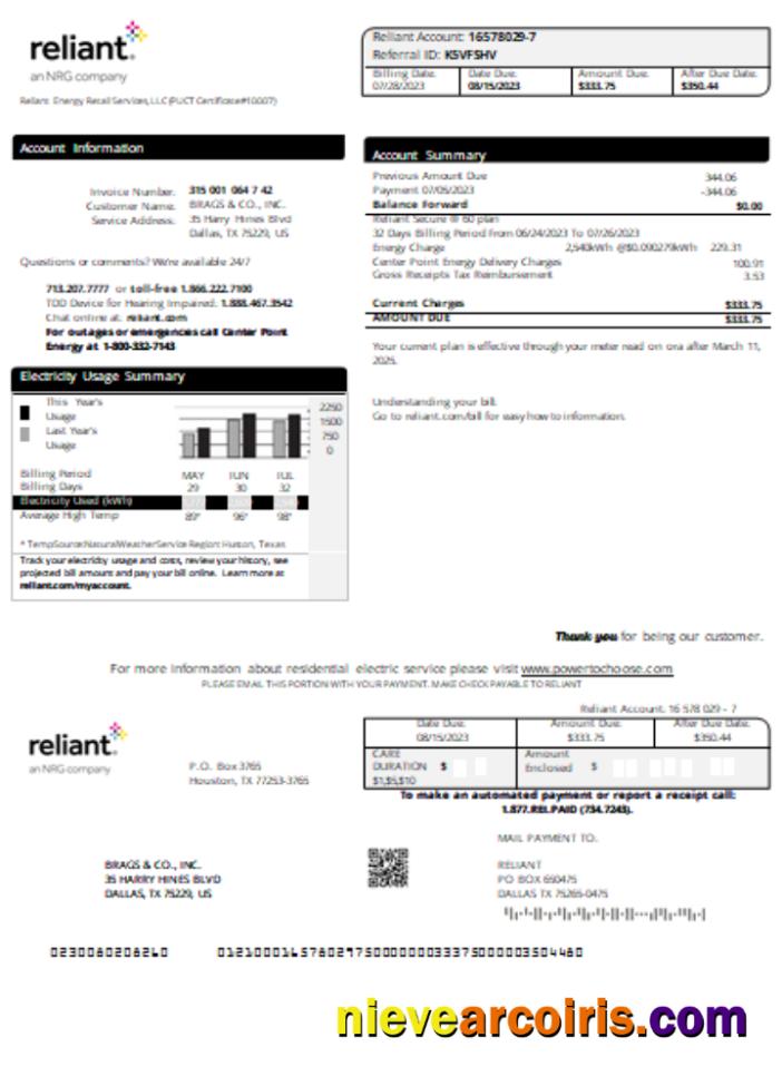 Reliant Energy utility business bill